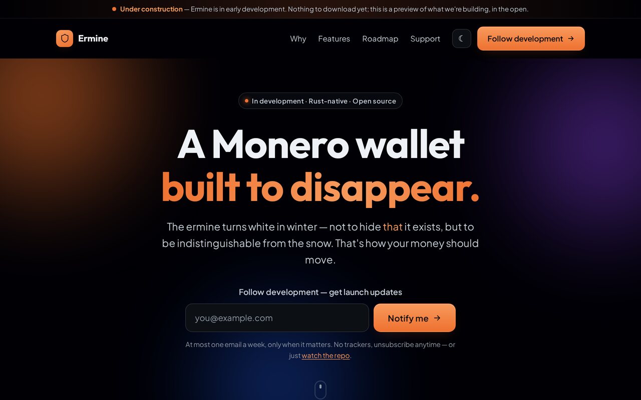 The Ermine site, with a permanent banner across the top saying the wallet is in early development and there is nothing to download yet