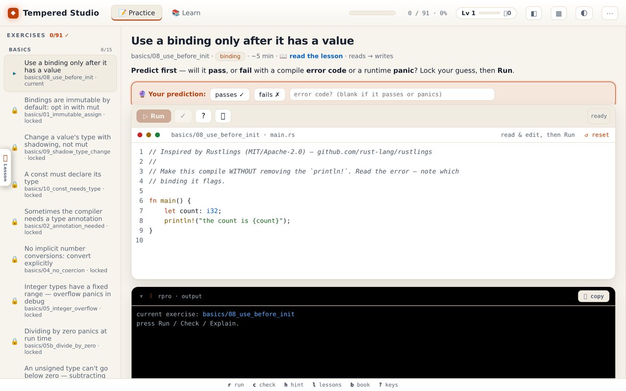 The Tempered Studio practice screen: a deliberately broken Rust program, a prompt asking the learner to predict whether it will compile, and a list of later exercises still locked