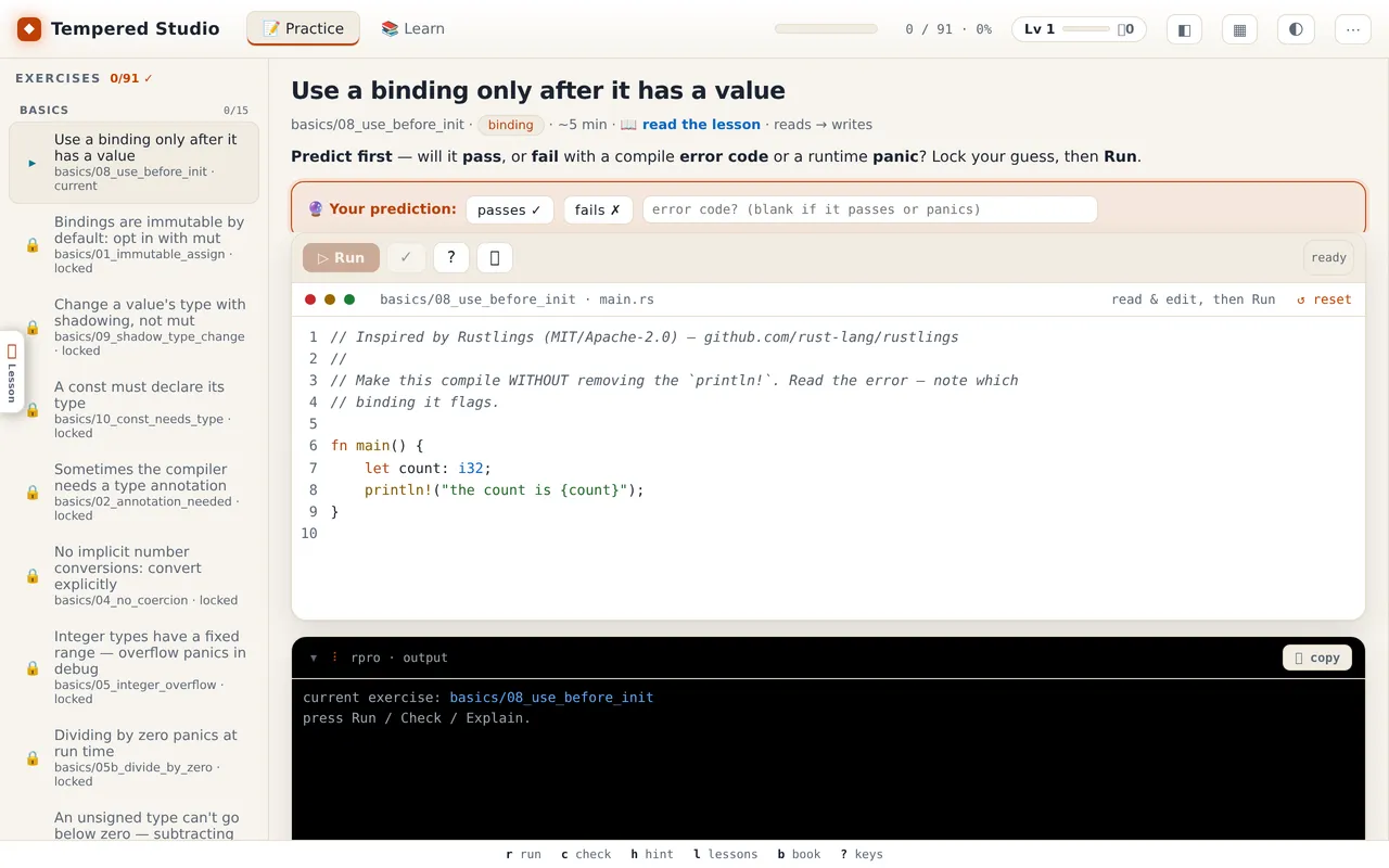The Tempered Studio practice screen: a deliberately broken Rust program, a prompt asking the learner to predict whether it will compile, and later exercises locked